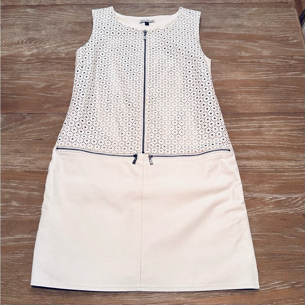 My Tribe White Leather Dress, Delicate Floral Perforated Front, Stretch Back, 10